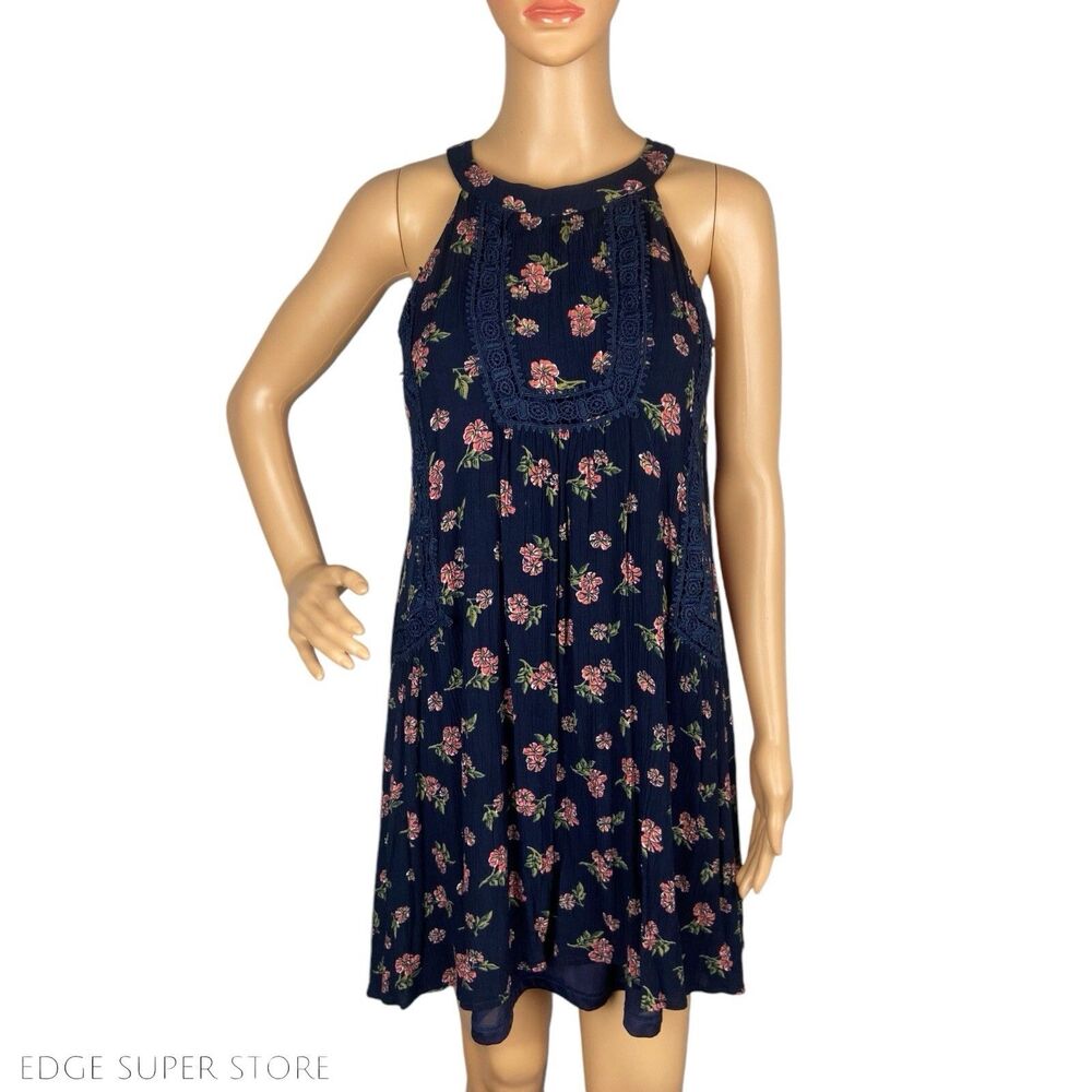 Entro Dark Blue Green Pink Floral Print Crew Neck Sleeveless Dress Size Small
